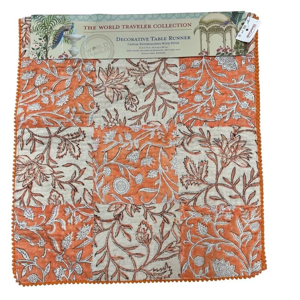 World Traveler Table Runner Muted Orange‎ Cream Floral Patchwork 16x72 Boho